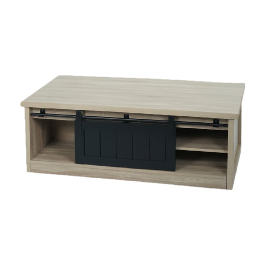Wood Coffee Table with Sliding Barn Door, Storage Shelves, Light Oak Finish